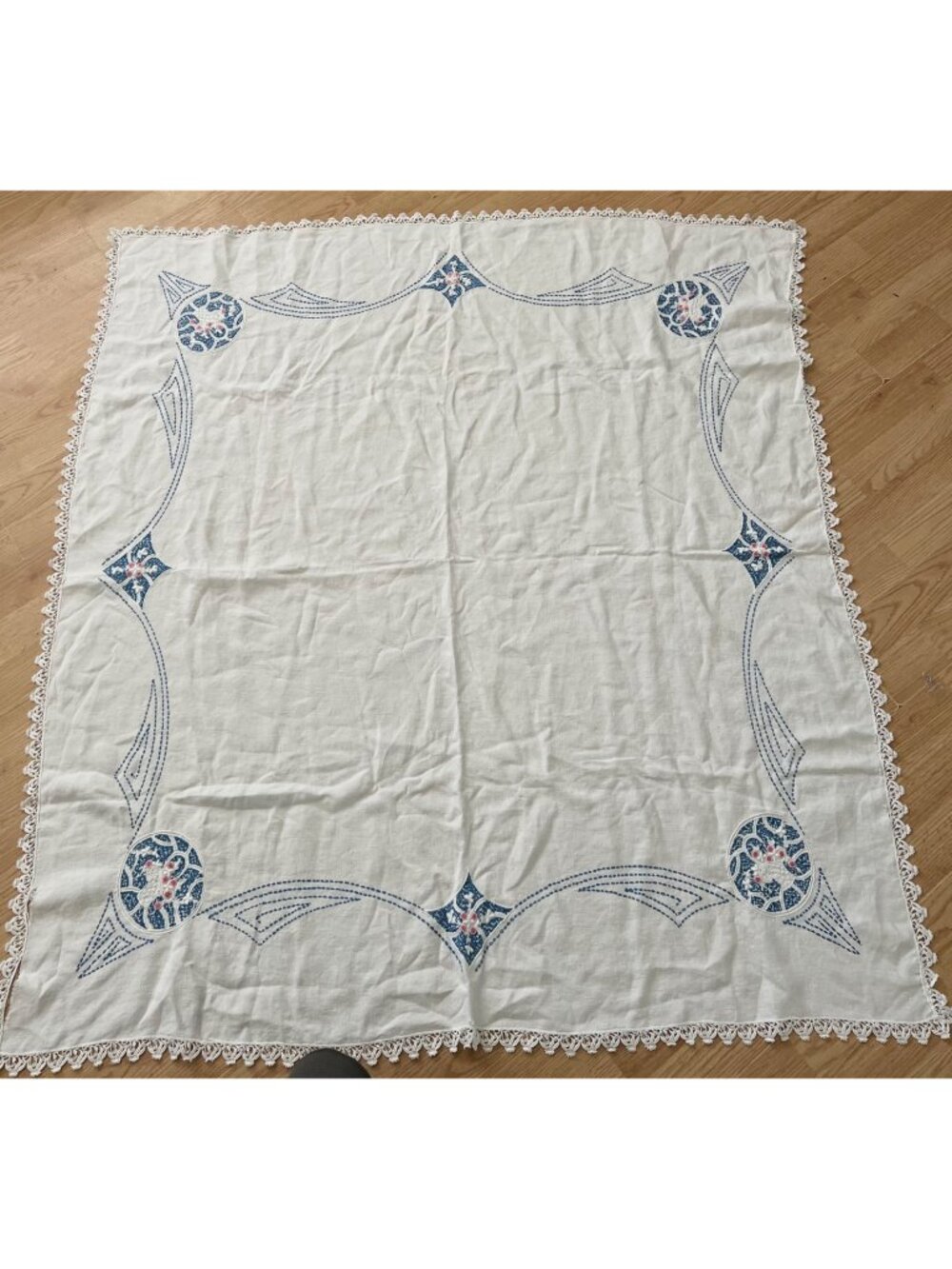 Vintage Embroidered Linen Tablecloth Blue Pink Floral Accents Crochet Lace Trim